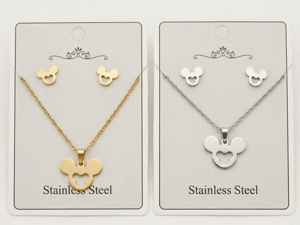 16"-18" Adjustable Stainless Steel Mouse Pendant Necklace & Earring Set .68 each