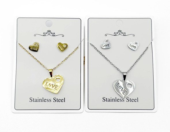 16"-18" Adjustable Stainless Steel Heart Love Pendant Necklace & Earring Set .68 each