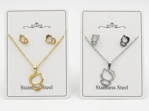 16"-18" Adjustable Stainless Steel Cat Pendant Necklace & Earring Set .68 each