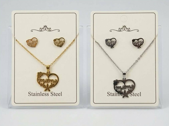 16"-18" Adjustable Stainless Steel MAMA Pendant Necklace & Earring Set .68 each