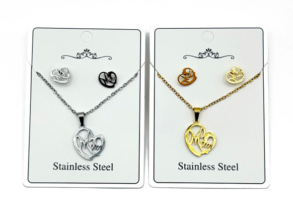 16"-18" Adjustable Stainless Steel MOM Pendant Necklace & Earring Set .68 each