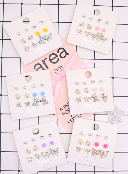 6 Pair Butterfly & Flower Stud Earrings Set .68 each set