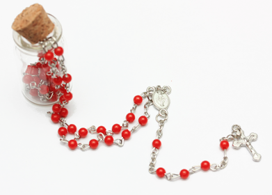 32" Asst Color Bead Silver Rosary w/ Jesus Cross  in Glass Bottle .68 each 