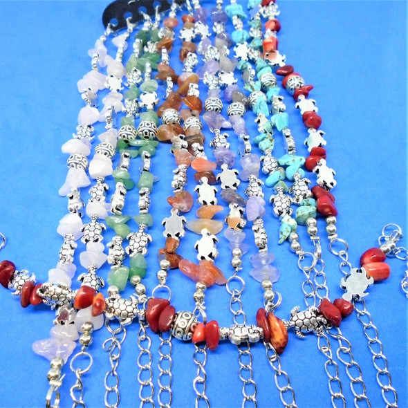 Semi Precious Stone Bracelet w/ Silver Turtles 12 per pk .68 each