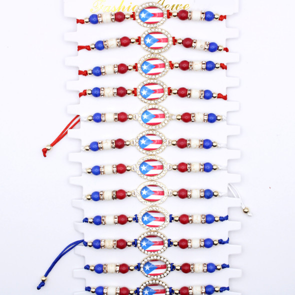 Puerto Rico Flag Adjustable String Bracelet with Rhinestone Charm .68 each