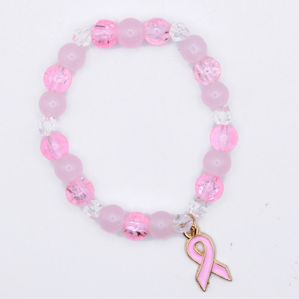 Pink Ribbon Stretch Bracelet with Crystal & Matte Beads .68 each