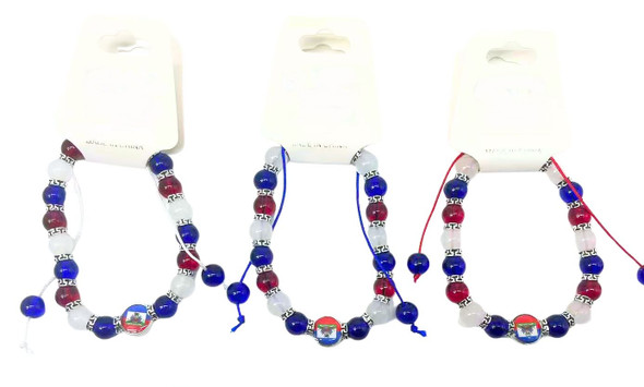 Haiti Flag Beaded Adjustable Bracelet with Red White Blue Glass Beads .68 each