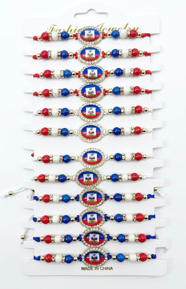 Haiti Flag Adjustable String Bracelet with Rhinestone Charm .68 each