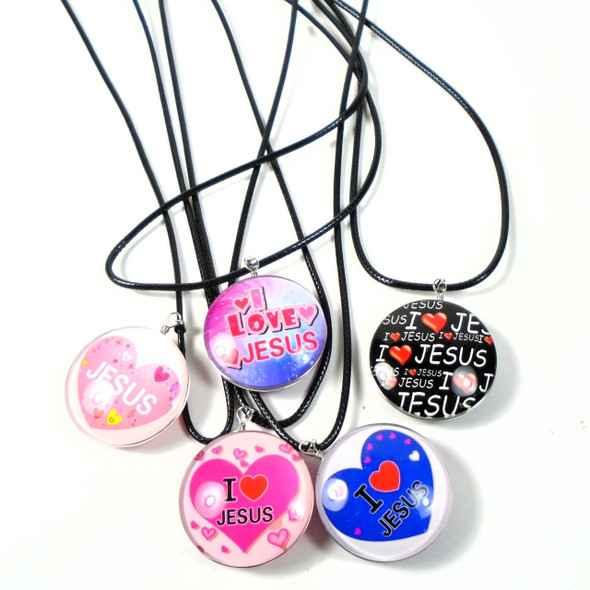 Black Leather Cord Necklace w/ DBL Side Glass I Love Jesus Pendant .68 ea