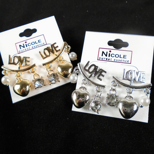Classy Love Gold & Silver Fashion Earrings w/ Pearl Stone Heart  .68 per pair