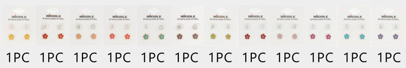 Stainless Steel Double Stud Earrings Set w/ Crystal Stud & Flower Design .68 each set