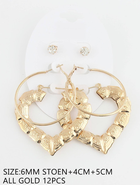 2.3" 3 Pair Gold Statement Heart Bamboo Hoop Earrings Set .68 each set
