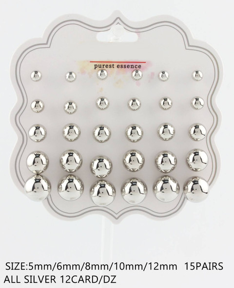 15 Pairs Assorted Sizes Silver Ball Stud Earrings Set .68 each set