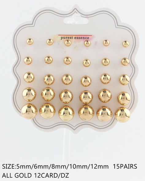 15 Pairs Assorted Sizes Gold Ball Stud Earrings Set .68 each set