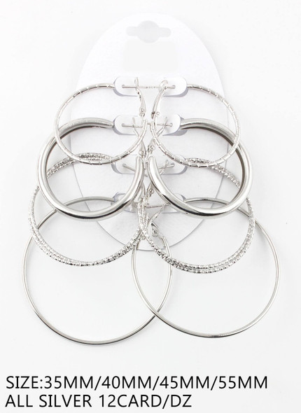 4 Pair Assorted Sizes Silver Hoop Earrings Set .68 each set