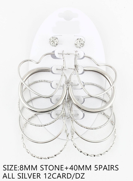 6 Pair Mix Silver Hoop & Stud Earrings Set .68 each set 