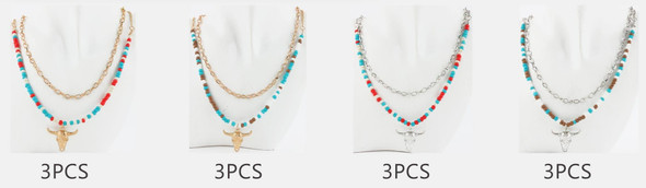 Layered Beaded Chain Necklace with Bull Head Pendant .68 each