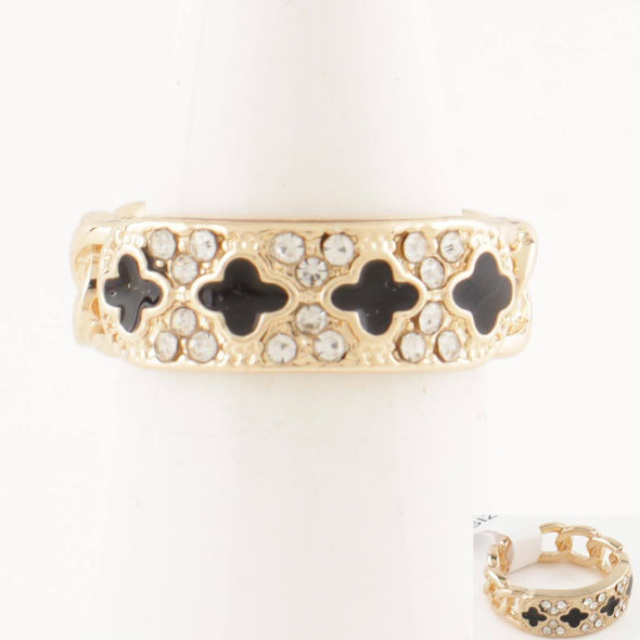 Black Enamel Quatrefoil Ring with Rhinestone Accents .68 each