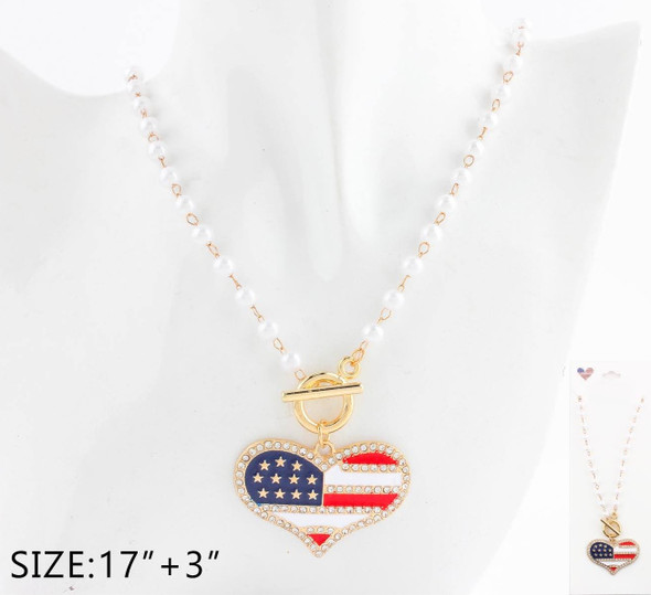Patriotic Heart Pendant Pearl Beaded Necklace .68 each