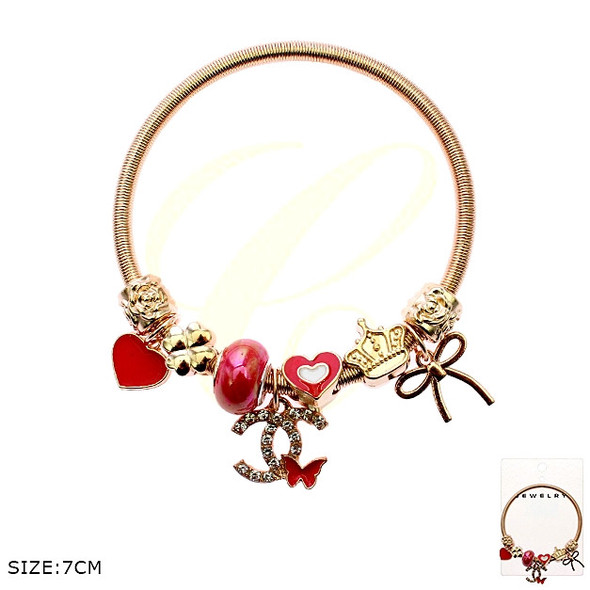 Spring Style Bangle Bracelet with Crown, Bow & Heart Charms .68 each
