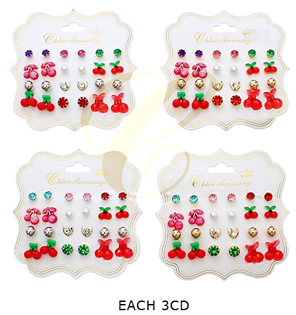 12 Pair Cherry & Mix Stud Earring Set .68 each set