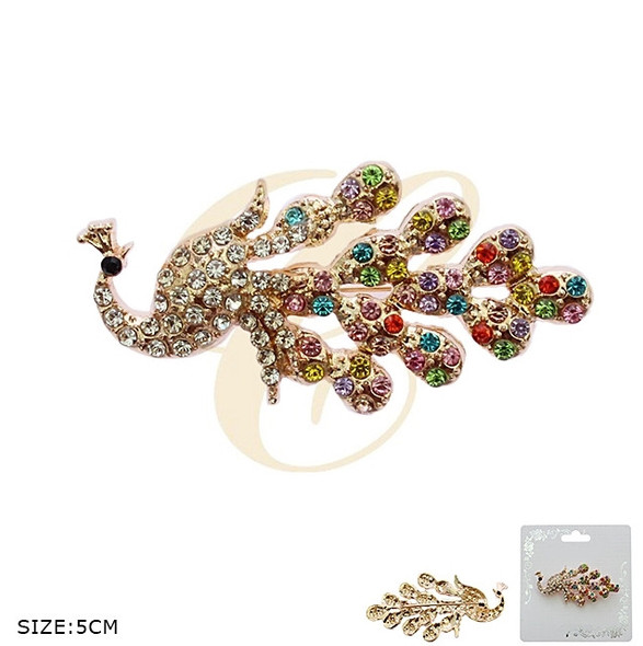 2" Gold & Silver Crystal Multicolor Stone Peacock Brooch .68 each
