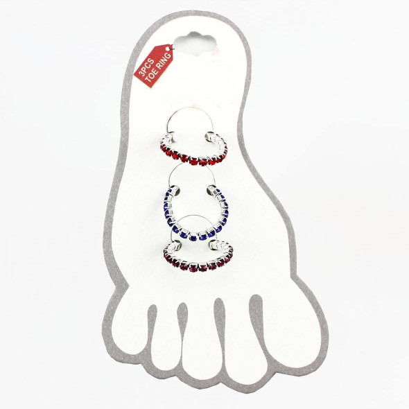 3 Pc Set Silver Asst Color Rhinestone Stretch Toe Ring Set .68 per set