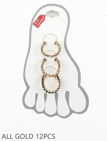 3 Pc Set Gold Clear, AB, & Black Rhinestone Stretch Toe Ring Set .68 per set