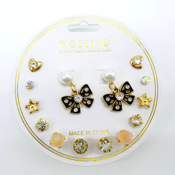 7 Pair Black Bow Pearl Drop Earrings .68 each set
