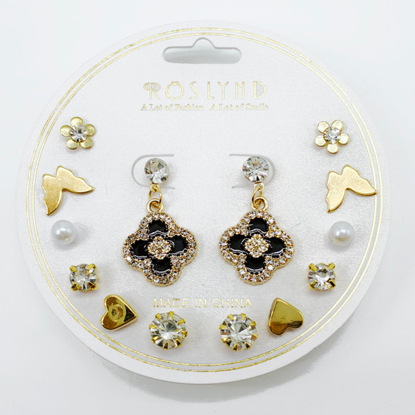 7 Pair Black Quatrefoil Drop Earrings .68 each set