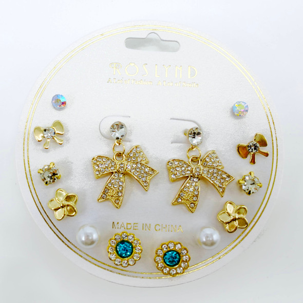 7 Pair Gold Bow Rhinestone Drop Earrings .68 each set