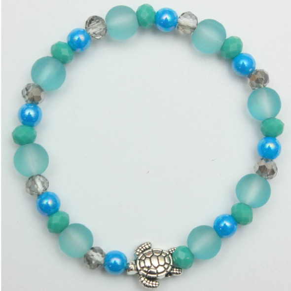 Aqua Blue Beaded Stretch Bracelets w/ Silver Turtle Charm .68 each