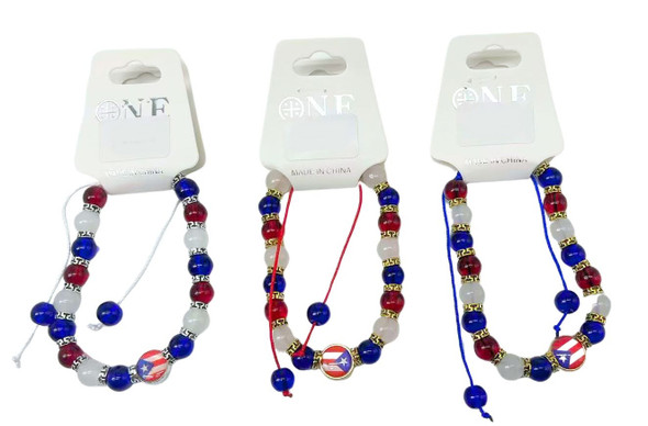 Puerto Rico Flag Beaded Adjustable Bracelet with Red White Blue Glass Beads .68 each