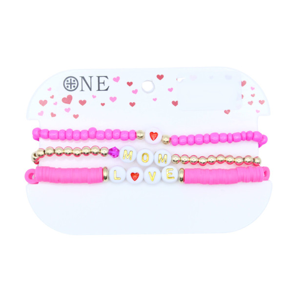 3 Pc Set MOM & LOVE Red Tone Beaded Bracelet .70 each set