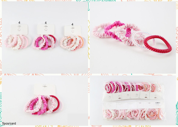 5 Pc Set Pink Tone Mixed Scrunchie & Coil Hair Tie .70 each set