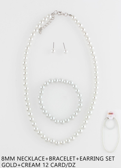 Classic White 8mm Pearl Necklace, Bracelet & Earrings Jewelry Set .68 each set