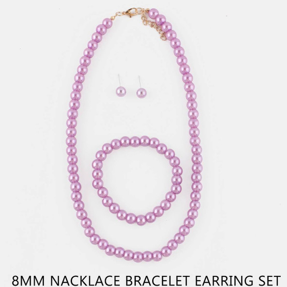 Pastel Colors 8mm Pearl Necklace, Bracelet & Earrings Jewelry Set .68 each set