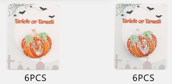 1.4" Halloween Pumpkin Skull Rhinestone Brooch .68 each