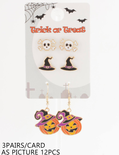 3 Pair Halloween Earring (Pumpkin Dangle + Witch Hat + Skull Studs) .68 each set