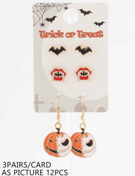 3 Pair Halloween Earring (Jack-O'-Lantern Skull Dangles + Vampire Lips + Bat Studs) .68 each set