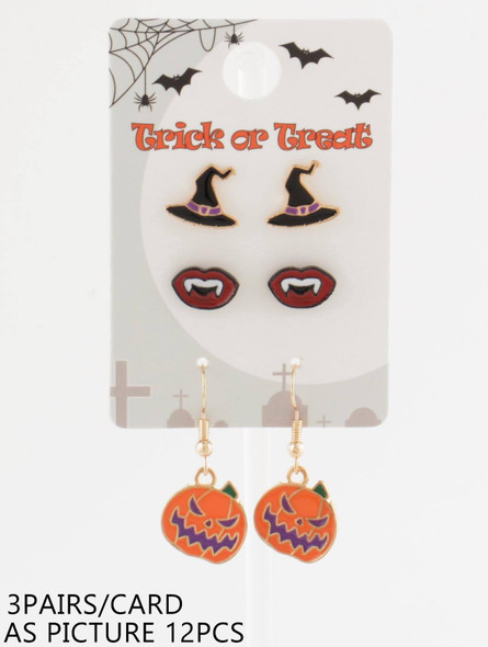 3 Pair Halloween Earring (Pumpkin Dangles + Vampire Lips + Witch Hat Studs) .68 each set