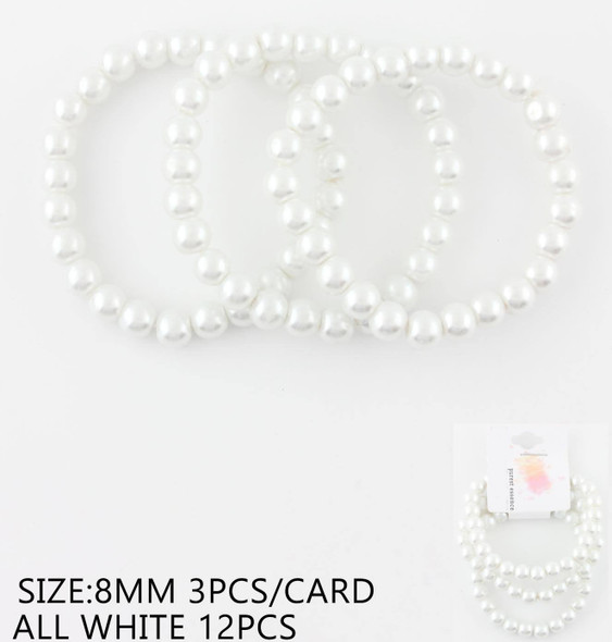 3 Pc Set 8 MM Classic White Pearl Stretch Bracelet .68 each set