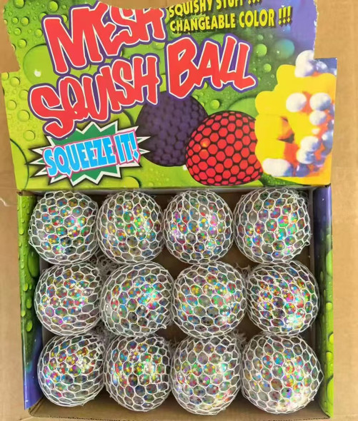 2.5" Mesh Squishy Balls  w/Glitter Inside 12 per display bx .70 each