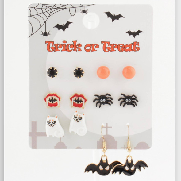 6 Pair Spooky Studs & Dangling Bats Halloween Earring Set .70 each set