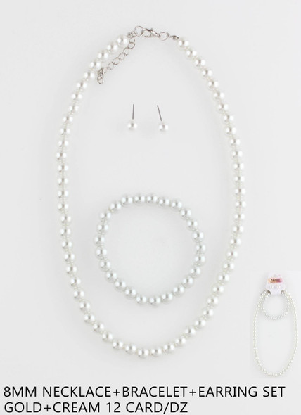Classic White 8mm Pearl Necklace, Bracelet & Earrings Jewelry Set .70 each set