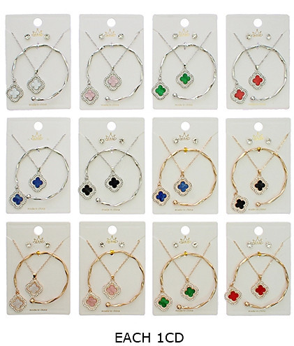 3 Pc Gold & Silver Quatrefoil Jewelry Set – Necklace, Bracelet & Earrings (865) .72 each set