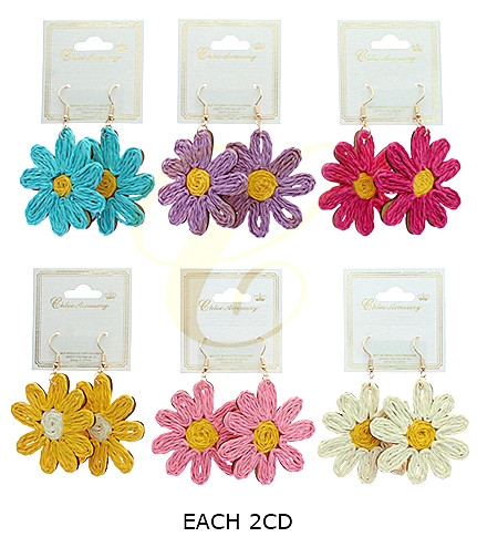 2.8" Woven Raffia Daisy Statement Earrings .70 each pair