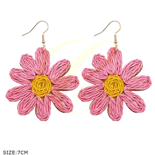 2.8" Woven Raffia Daisy Statement Earrings .70 each pair