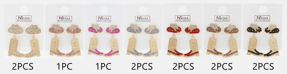 1.5" Rhinestone Cowgirl Boot Drop Earrings with Hat Stud .70 each pair