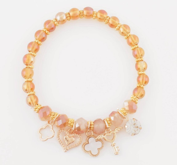 Beaded Charm Bracelet with Heart, Quatrefoil & Key .70 each